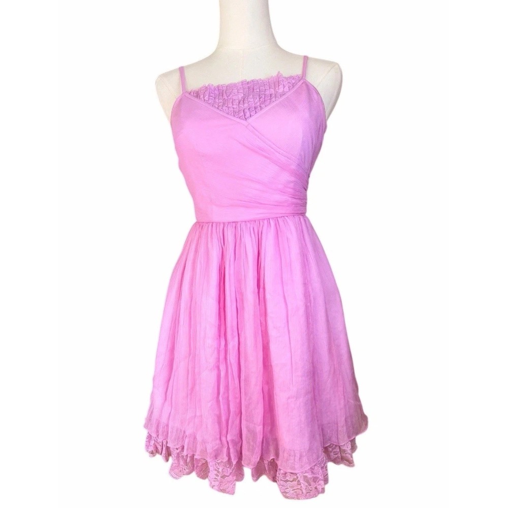 Betsey Johnson Silk Babydoll Mini Dress Pink Lavender Lace Trim Size 2‎